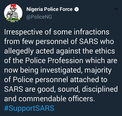 Nigerian police hits back with #Supportsars as it says the majority of SARS officers are "good, disciplined and commendable"