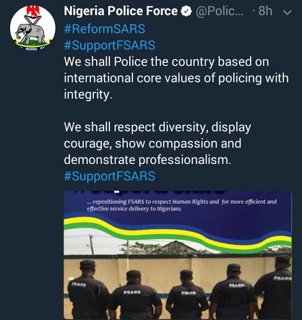 Nigerian police hits back with #Supportsars as it says the majority of SARS officers are "good, disciplined and commendable"